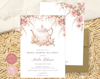 May include: A pink and white floral bridal shower tea party invitation with a watercolor illustration of a teapot and flowers. The invitation text reads "Please join us for a Bridal Shower Tea Party honoring Amelia Robinson Sat | Aug 21st | 11 AM Wildflower Restaurant 1234 Floral Drive, Houston, TX 12345 RSVP by August 10th to Natalie at 123-456-7890 bridalteagery.com"