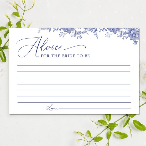 Blue Floral Advice Cards | Something Blue Bridal Shower Advice Cards | 4x6 Cards | Editable Instant Digital or Printed | BR-31323