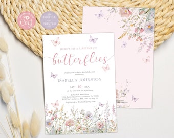 May include: A bridal shower invitation with a floral and butterfly design. The invitation features the text "Here's to a lifetime of butterflies" in a delicate script font, with event details and floral illustrations.