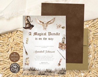 Wizard Baby Shower Invitation, A Magical Bundle is on the Way Baby Shower Invite, Editable Instant Digital or Printed, BA-71123
