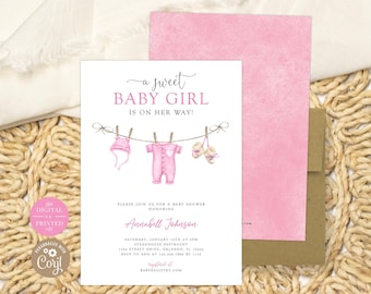Girl Baby Shower Invitation, Boho Baby Clothesline, Instant Digital or Printed, BA-31023