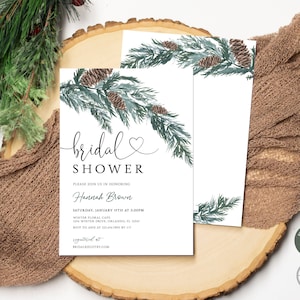 Winter Bridal Shower Invitation Template | Evergreen Pine Invite | Instant Digital or Printed