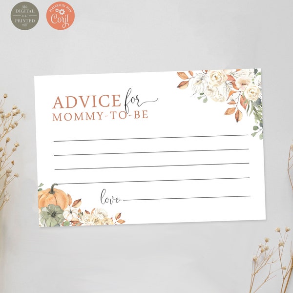 A Little Pumpkin Advice Cards, Fall Pumpkins Baby Shower Advice for Mommy-to-be, 4x6 Cards, Editable Instant Digital or Printed, BA-8223