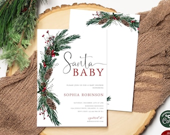 Santa Baby Shower Invitation Template | Christmas Evergreen Baby Shower Invite | Instant Digital or Printed