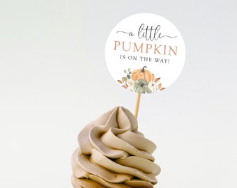 A Little Pumpkin Baby Shower Cupcake Toppers, Fall Pumpkins Baby Shower Decorations, Printed or Instant Digital, BA-8223