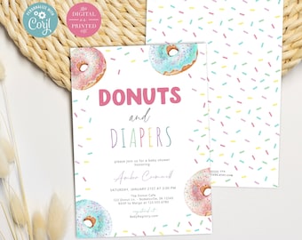 Donut Baby Shower Invitation, Donut and Diapers Baby Shower Invite, Instant Editable Digital or Printed, BA12524