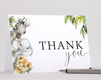 Safari Wild One Thank You Cards | Jungle Folded Card Baby Shower Stationary | Instant Editable Digital or Printed | BA-52623