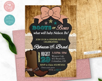 Boots or Bows Gender Reveal Invitations | Editable Instant Digital or Printed