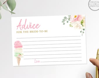 Ice Cream Floral Advice Cards | She's Been Scooped Up Bridal Shower Advice Cards 4x6 Cards | Editable Instant Digital or Printed | BR-22420