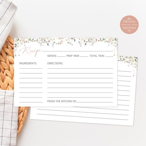 Wildflower Recipe Cards, 2- Sided Recipe Cards, Editable Instant Digital or Printed, BR-5323