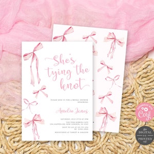 She's Tying the Knot Bridal Shower Invitation, Pink Bow Bridal Shower Invite, Instant Editable Digital or Printed, BR-22224