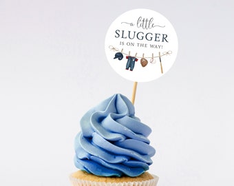 Baseball Baby Shower Cupcake Toppers, sLittle Slugger is on the Way Party Decor, Printed or Instant Digital, BA-20623