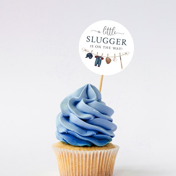 Baseball Baby Shower Cupcake Toppers, sLittle Slugger is on the Way Party Decor, Printed or Instant Digital, BA-20623