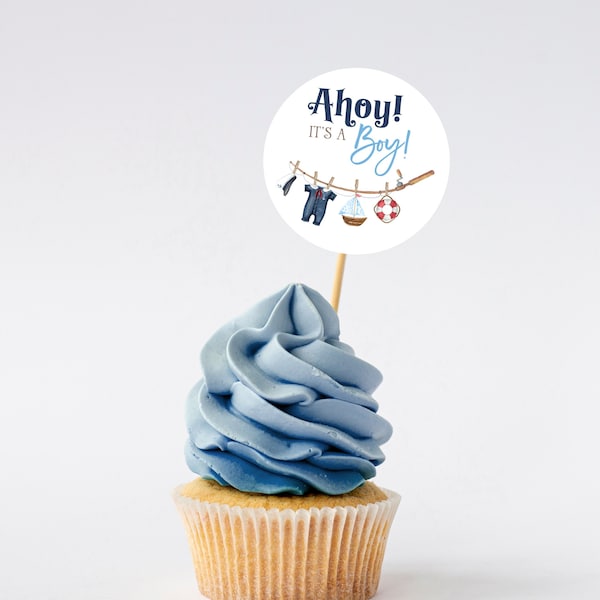 Ahoy Baby Shower Cupcake Toppers, Nautical Sailor Party Decor, Printed or Instant Digital, BA-42723