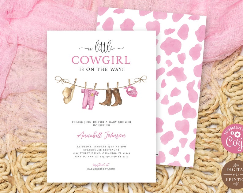 Cowgirl Baby Shower Invitation Template A Little Cowgirl is on the Way Invite Wild West Western Instant Editable Digital or