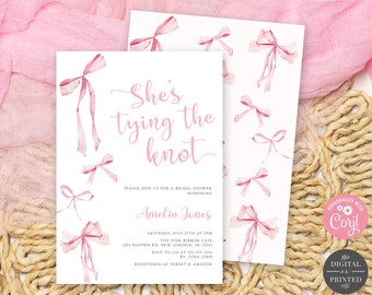 She's Tying the Knot Bridal Shower Invitation, Pink Bow Bridal Shower Invite, Instant Editable Digital or Printed, BR-22224