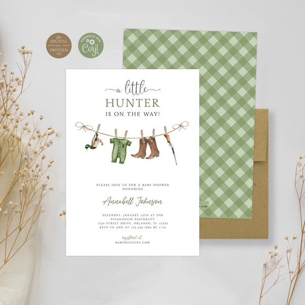 Hunting Baby Shower Invitation, A Little Hunter is on the Way Baby Shower Invite, Instant Editable Digital or Printed, BA-71623