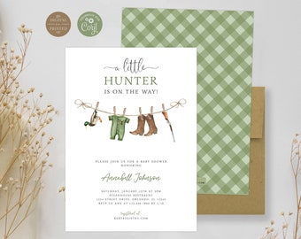 Hunting Baby Shower Invitation, A Little Hunter is on the Way Baby Shower Invite, Instant Editable Digital or Printed, BA-71623