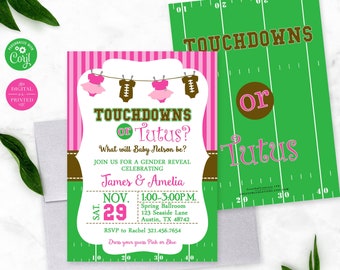 May include: A green and pink gender reveal invitation with a football and tutu theme. The invitation says "Touchdowns or Tutus?" and asks "What will Baby Nelson be?" It includes the date, time, and location of the event. The invitation also asks guests to "Dress your guess Pink or Blue."