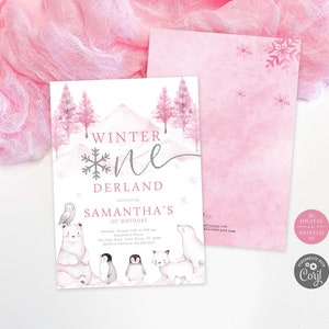 Pink Winter Wonderland Birthday Invitation | Winter ONEderland Invite | Winter Woodland First Birthday Invite | Instant Digital or Printed