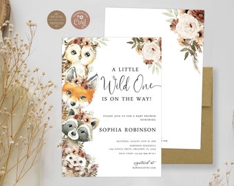 Boho Woodland Animal Baby Shower Invitation | Wild One is on the Way Baby Shower Invite | Instant Editable Digital or Printed | BA-11223