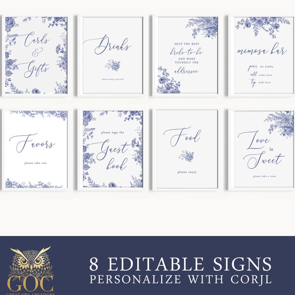 Blue Floral Bridal Shower Sign Package, Something is Blue, 8x10 Editable, BR-31323