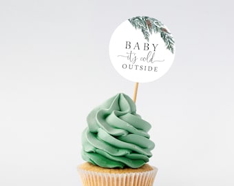 Baby it's Cold Outside Baby Shower Cupcake Toppers, Winter Evergreen Baby Shower Decorations, Printed or Instant Digital