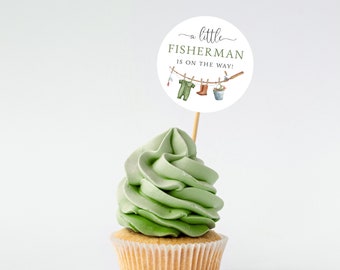 Fishing Baby Shower Cupcake Toppers, Little Fisherman on the Way Party Decor, Printed or Instant Digital, BA-20123