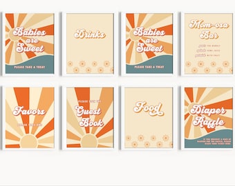 May include: Eight editable signs with a retro sunburst design. The signs feature text in a groovy font, including "Babies are Sweet", "Drinks", "Favors", "Guest Book", "Food", "Diaper Raffle", and "Mom-osa Bar".