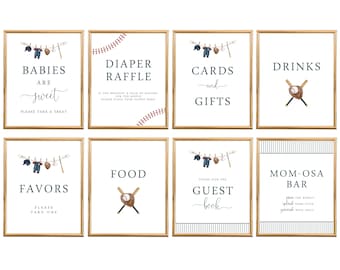 Könnte beinhalten: Acht druckbare Schilder für eine Babyparty zum Thema Baseball. Die Schilder sind in goldenen Rahmen mit weißem Hintergrund und blauen und roten Akzenten. Die Schilder beinhalten: "Babys sind süß", "Windel-Tombola", "Karten und Geschenke", "Getränke", "Gefallen", "Essen", "Gästebuch" und "Mom-osa-Bar".