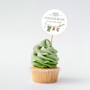 Fishing Baby Shower Cupcake Toppers, Little Fisherman on the Way Party Decor, Printed or Instant Digital, BA-20123
