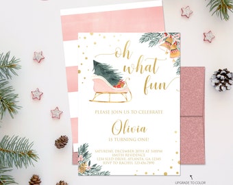 Oh What Fun Birthday Invitation, Holiday First Birthday Invite, Christmas, Winter, Printed or Digital