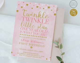 Könnte beinhalten: Rosa-goldene Einladung zum ersten Geburtstag mit Aquarellhintergrund und Sternen. Der Text lautet "Twinkle Twinkle little star One year old is what you are!" und "Olivia Robinson's First Birthday".