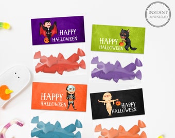 Halloween Treat Bag Topper | Halloween Treat Bag Label | Class Favors | Halloween Party Favors | Vampire Skeleton Cat & Ghost | Instant PDF