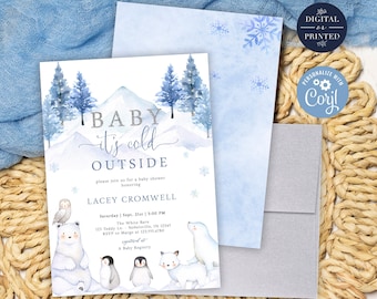 Modèle d'invitation de fête prénatale bébé il fait froid | Invitation d'animal d'hiver | Non sexiste | Impression numérique ou impression instantanée, BA92622