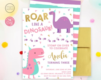 Dinosaur Birthday Invitation | Girl Dinosaur Birthday Party Invite | Pink Dinosaur | Roar like a Dinosaur | Digital or Printed