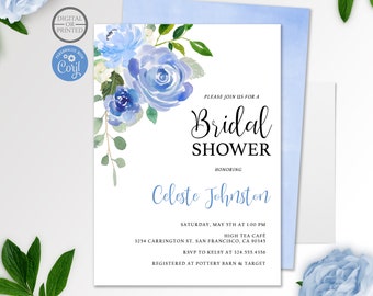 Floral Bridal Shower Invitation | Blue Floral Bridal Shower Invitation | Botanical | Digital or Printed Invitation