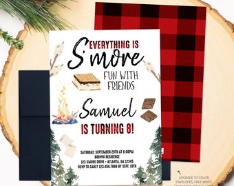 May include: A printable invitation for a birthday party with a campfire and s'mores theme. The invitation is red and black plaid with a watercolor illustration of a campfire, s'mores, and pine trees. The text reads "Everything is S'more Fun with Friends Samuel is turning 8!" with details for the party below.