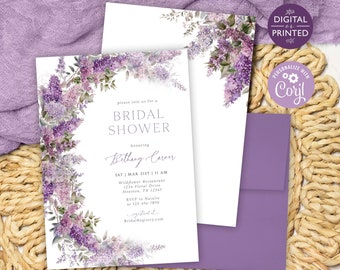 May include: Purple floral bridal shower invitation with a white background and text that reads "Please join us for a Bridal Shower honoring Bethany Carver Sat Mar 21st 11 AM Wildflower Restaurant 1234 Floral Drive Houston, TX 12345 RSVP to Natalie at 123-456-7890 Registered at BridalRegistry.com"