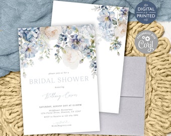 Blue Floral Bridal Shower Invitation, Hydrangea Bridal Shower Invite, Instant Digital or Printed, BR-32124