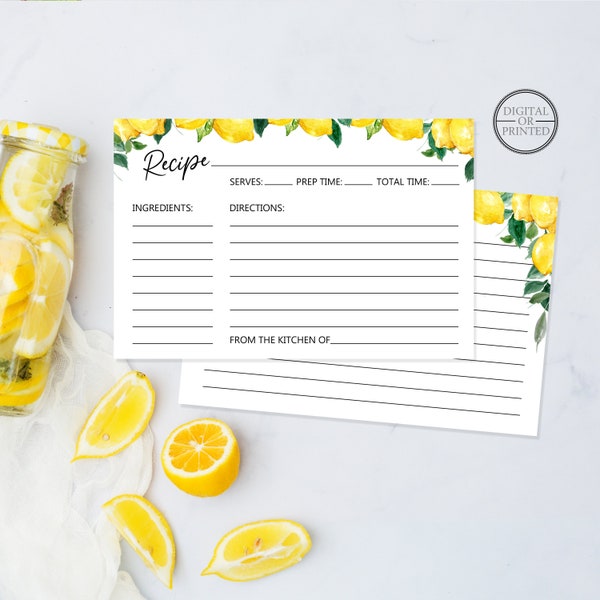Lemon Recipe Cards | 2- Sided Recipe Cards | Bridal Shower Lemon Recipe Cards | Digital or Printed