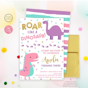 Dinosaur Birthday Invitation | Girl Dinosaur Birthday Party Invite | Pink Dinosaur | Roar like a Dinosaur | Digital or Printed