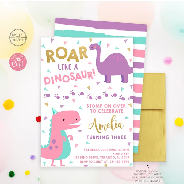 Dinosaur Birthday Invitation | Girl Dinosaur Birthday Party Invite | Pink Dinosaur | Roar like a Dinosaur | Digital or Printed