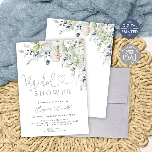 Winter Floral Bridal Shower Invitation, Winter Bridal Shower Invite, Printed or Instant Editable Digital File, BR102523