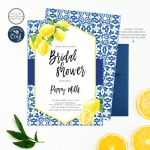 Lemon Bridal Shower Invitation | Mediterranean Positano Blue Tile Bridal Shower Invite | Printed or Digital