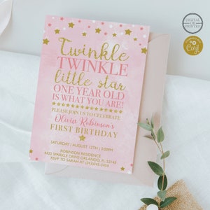 Twinkle Twinkle Little Star First Birthday Invitation | Twinkle Twinkle Little Star Invitation | Star | Pink and Gold | First Birthday