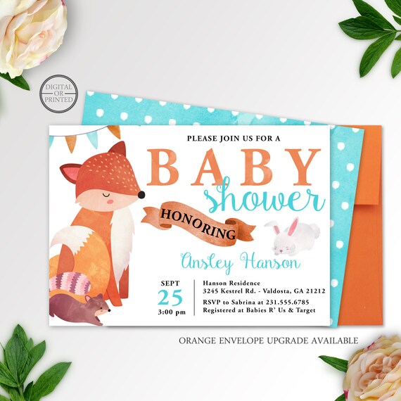 Woodland Baby Shower Invitation | Watercolor Woodland Baby Shower Invitation | Fall Baby Shower Invitation | Forest Animals Invitation | Fox Il_570xn
