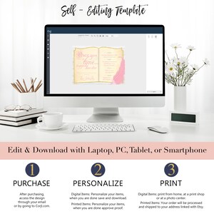 May include: A computer screen displaying a printable invitation template with a fairytale theme. The invitation features a pink feather and the text "Once upon a time...happily ever after". The text "Edit & Download with Laptop, PC, Tablet, or Smartphone" is displayed below the computer screen. Three numbered steps are listed below the text: 1. Purchase, 2. Personalize, and 3. Print.