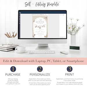 May include: A computer monitor displays a baby shower invitation with a hunting theme. The invitation features a beige and white checkered background, illustrations of hunting gear, and the text "A Little Hunter Is On The Way."