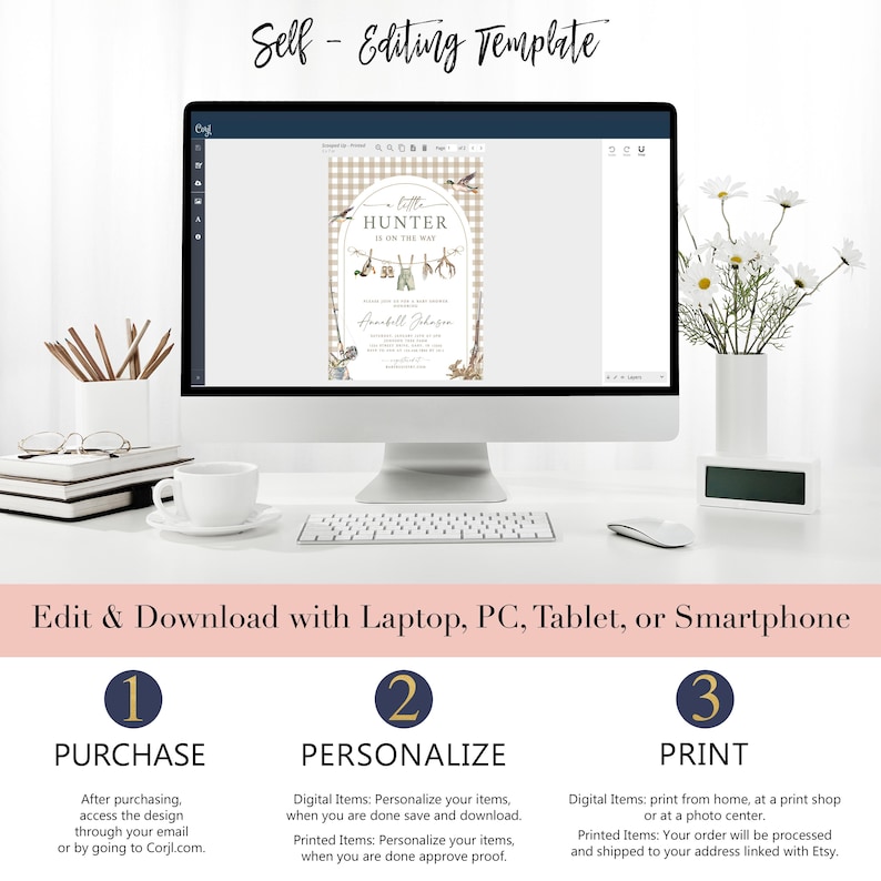 May include: A computer monitor displays a baby shower invitation with a hunting theme. The invitation features a beige and white checkered background, illustrations of hunting gear, and the text "A Little Hunter Is On The Way."